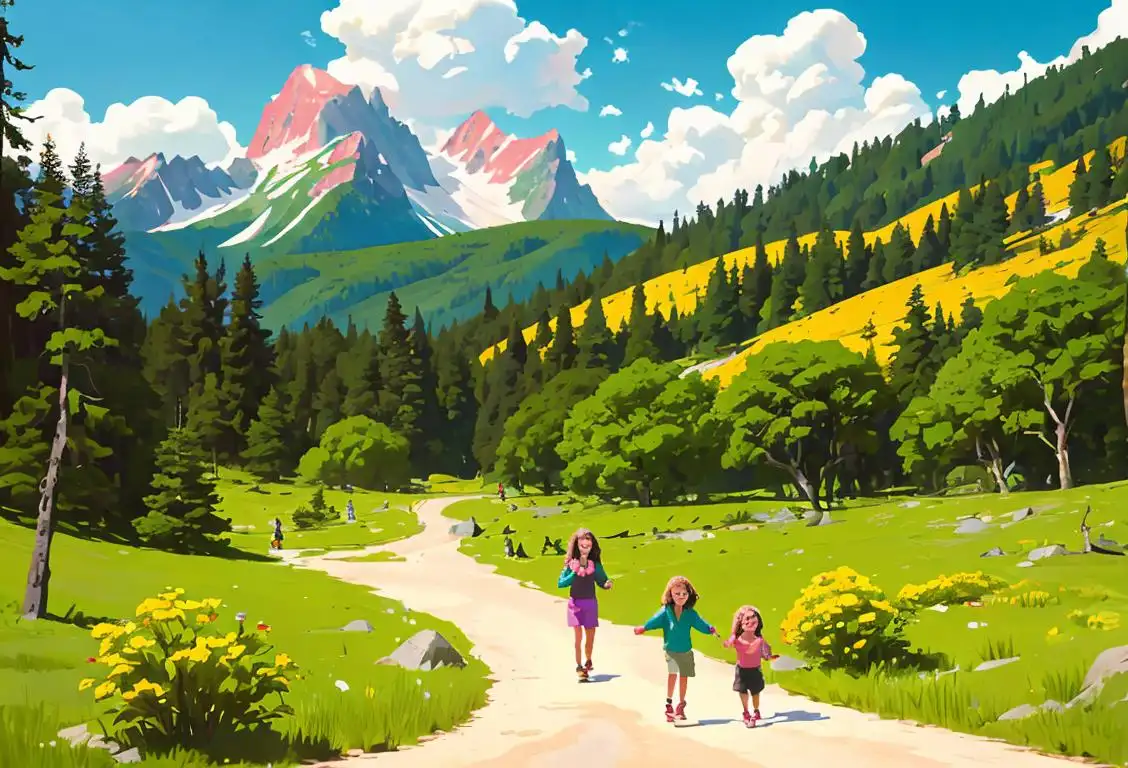 Happy family hiking in a national park, wearing colorful outdoor clothing, surrounded by breathtaking mountains and lush greenery..