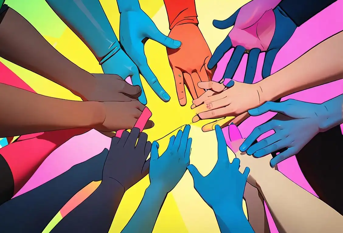 A group of diverse individuals holding hands, representing unity and inclusivity. Bright and vibrant colors surrounding them, symbolizing hope and support for National Deportation Day..