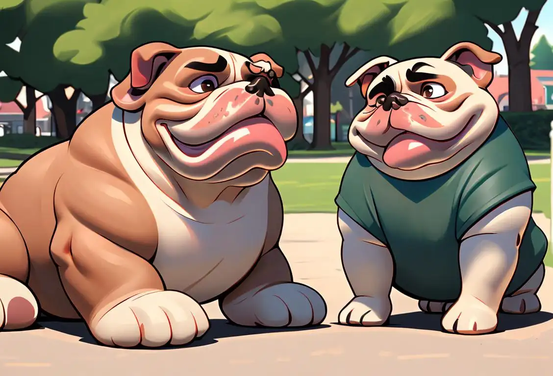 A charming bulldog with wrinkly face and droopy jowls, surrounded by people wearing vintage clothing, in a park scene filled with laughter..