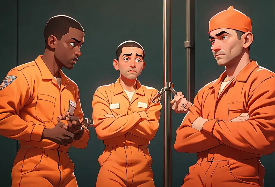 Inmates peacefully joining hands, wearing orange jumpsuits, with prison bars in the background..