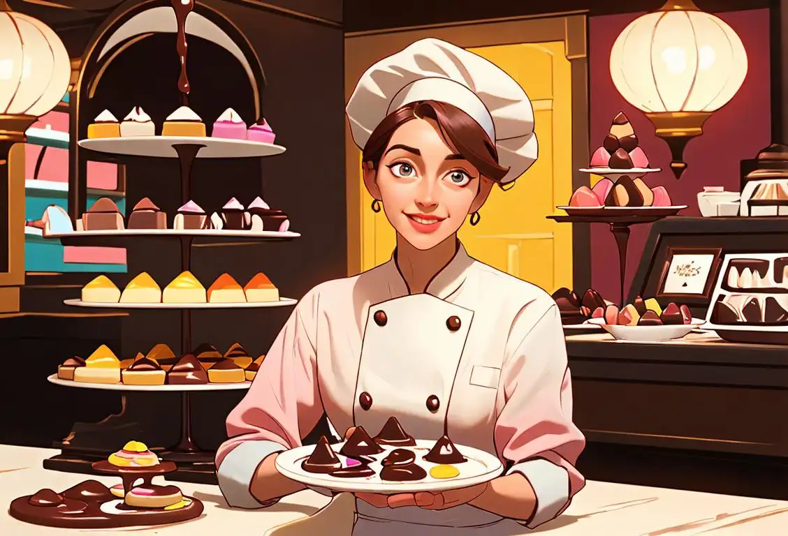 Person holding a tray of various chocolate-covered treats in a colorful dessert shop, wearing a chef's hat, vibrant and inviting atmosphere..