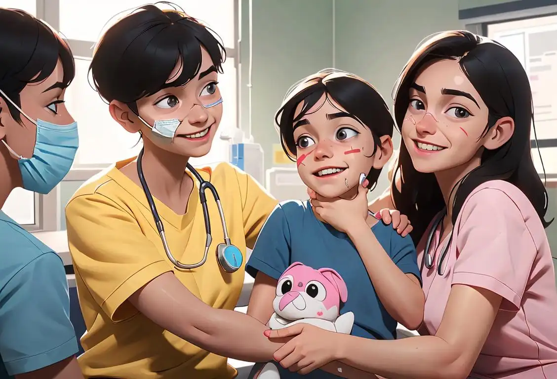 Young adult with a band-aid on their arm, surrounded by medical professionals and smiling children, in a bright and cheerful hospital setting..