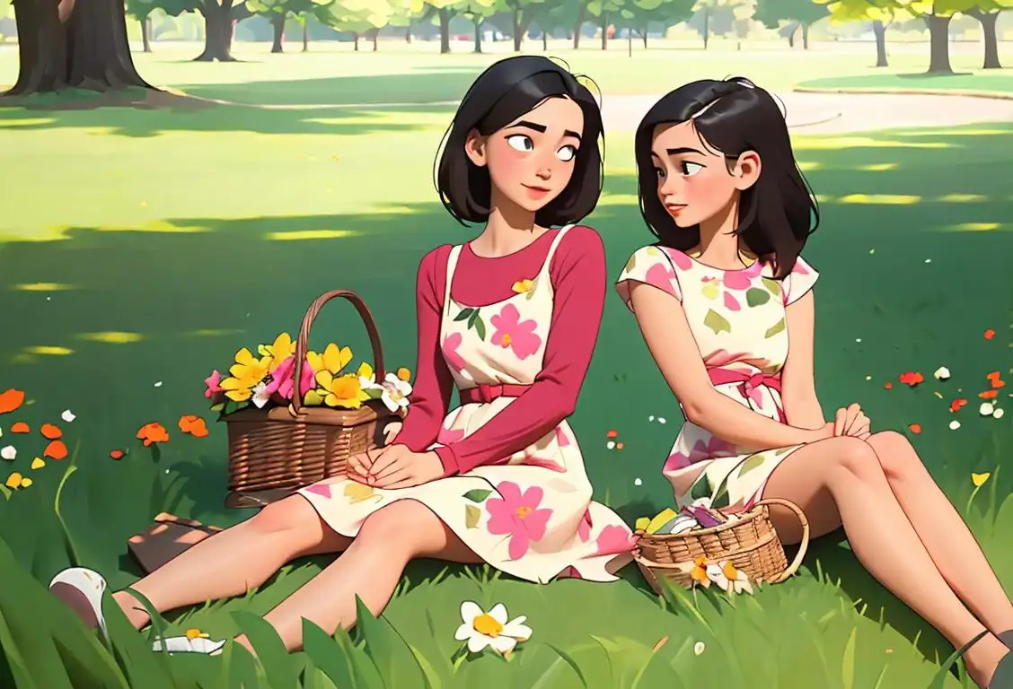 Two young women with intertwined arms, one wearing a floral sundress and the other in a casual outfit, sitting by a picnic basket in a park..