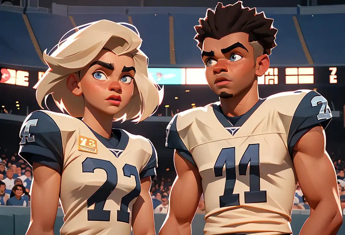 Young man and woman standing side by side, wearing football jerseys of Zeke and Dak, cheering together in a frenzied stadium atmosphere..