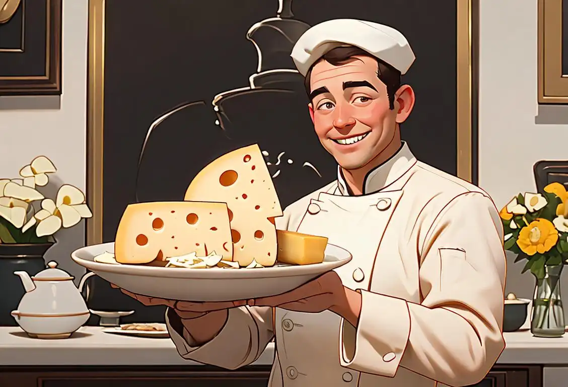 A smiling chef holding a perfectly risen cheese soufflé, wearing a white chef's coat, a chef's hat, and standing in a French countryside kitchen..