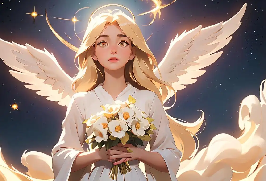 Celestial-themed image of a young woman in flowy white dress, golden halo, surrounded by fluffy clouds and glowing stars..
