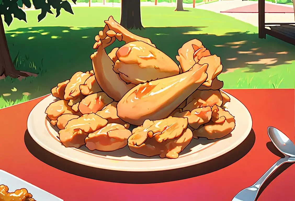 A person holding a plate of sizzling and golden fried chicken, with a picnic table set up in a sunny park, surrounded by friends and family..