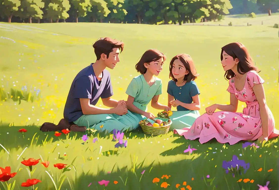 A young family of four enjoying a picnic in a lush meadow, wearing summer dresses, casual clothing, with colorful wildflowers surrounding them..