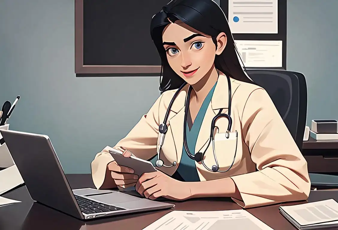 Happy healthcare recruiter with stethoscope, wearing professional attire, sitting at a desk, surrounded by resumes and a laptop..