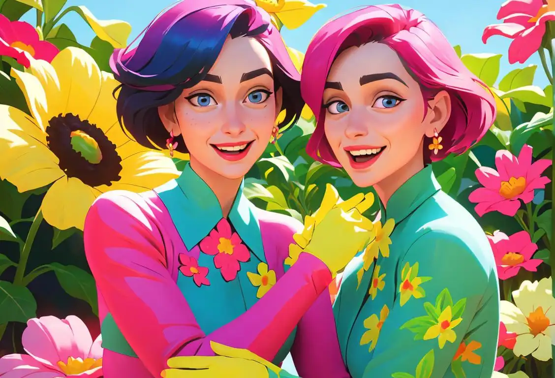 Two friends sharing a joyful moment, wearing matching colorful outfits, surrounded by a vibrant floral garden..