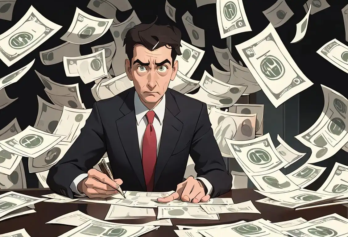 Illustration of a person with a puzzled expression, surrounded by stacks of money, wearing a business suit, office setting..