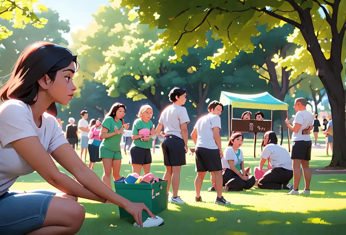 Young adult wearing a volunteer t-shirt, surrounded by diverse group of people, outdoors in a park setting..