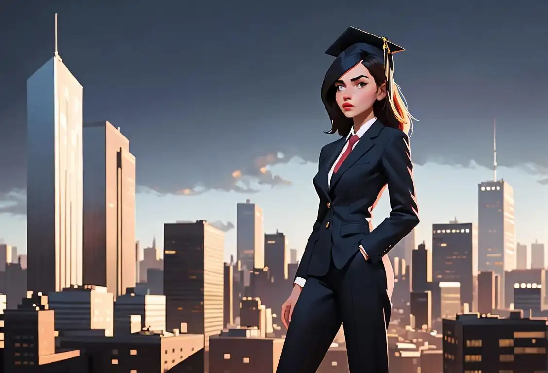 Young woman standing confidently in a business suit, holding a compass and wearing a graduation cap, urban cityscape background.