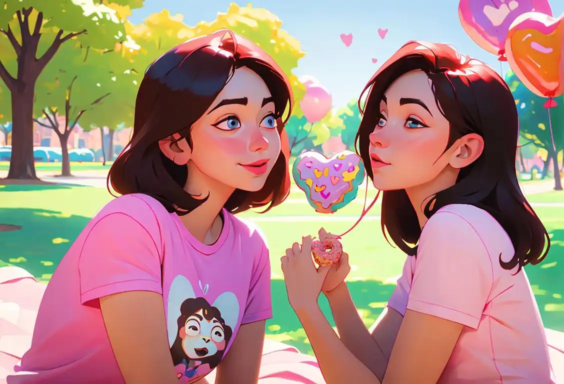 Young friends sharing a heart-shaped donut, wearing matching t-shirts, in a colorful park setting with balloons and a picnic blanket..