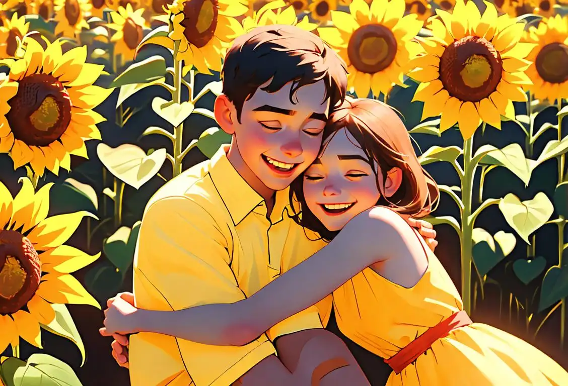 Young girl wearing a colorful summer dress, giving a boy a warm hug in a sunflower field surrounded by smiles and laughter..