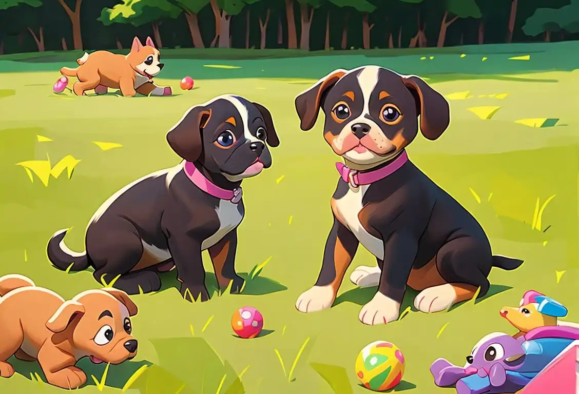 Two playful puppies of different breeds sitting in a grassy field, surrounded by colorful toys and a group of smiling children with matching t-shirts..