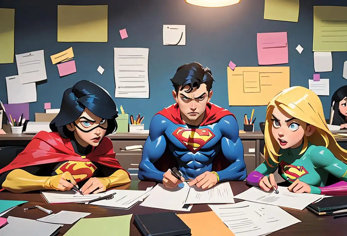 A group of people in a bustling office, with a superhero cape-wearing admin expertly juggling paperwork and organizing chaos, surrounded by colorful sticky notes and an organized desk..