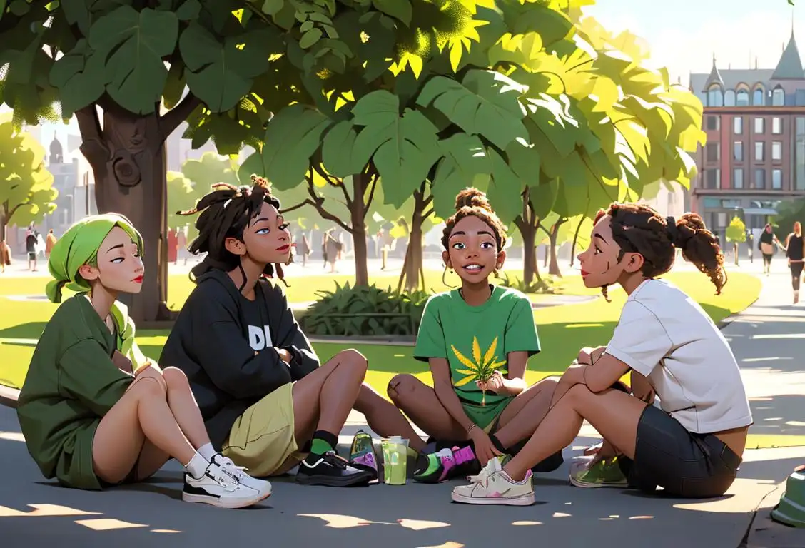 A joyful, diverse group of people in trendy streetwear, sitting in a park, surrounded by hemp plants and CBD-infused products..