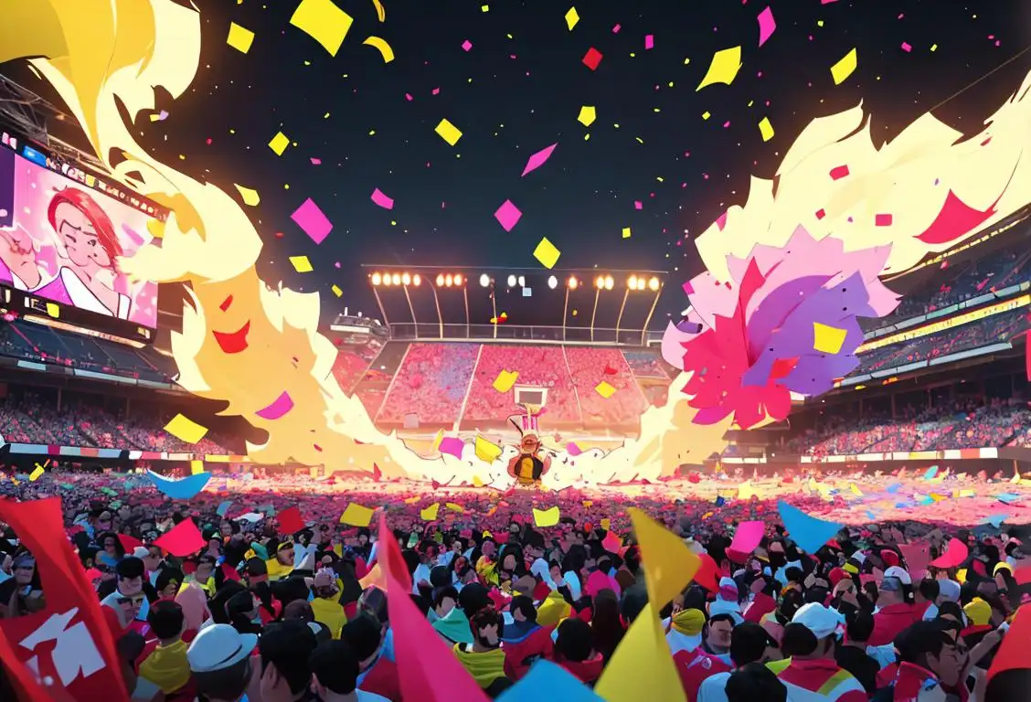 Excited crowd cheering at a national finals event, colorful attire, energetic atmosphere, confetti falling from above..
