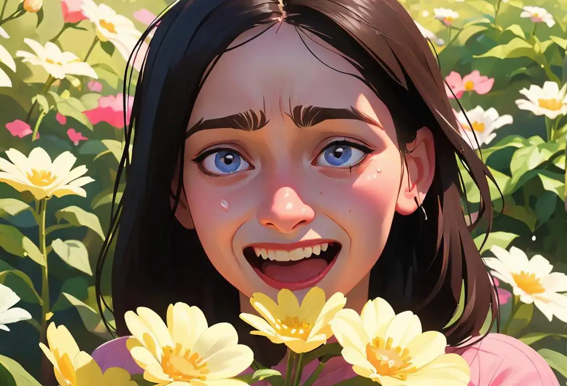 A person with tears of joy streaming down their face, wearing a cozy sweater, surrounded by beautiful flowers and nature..