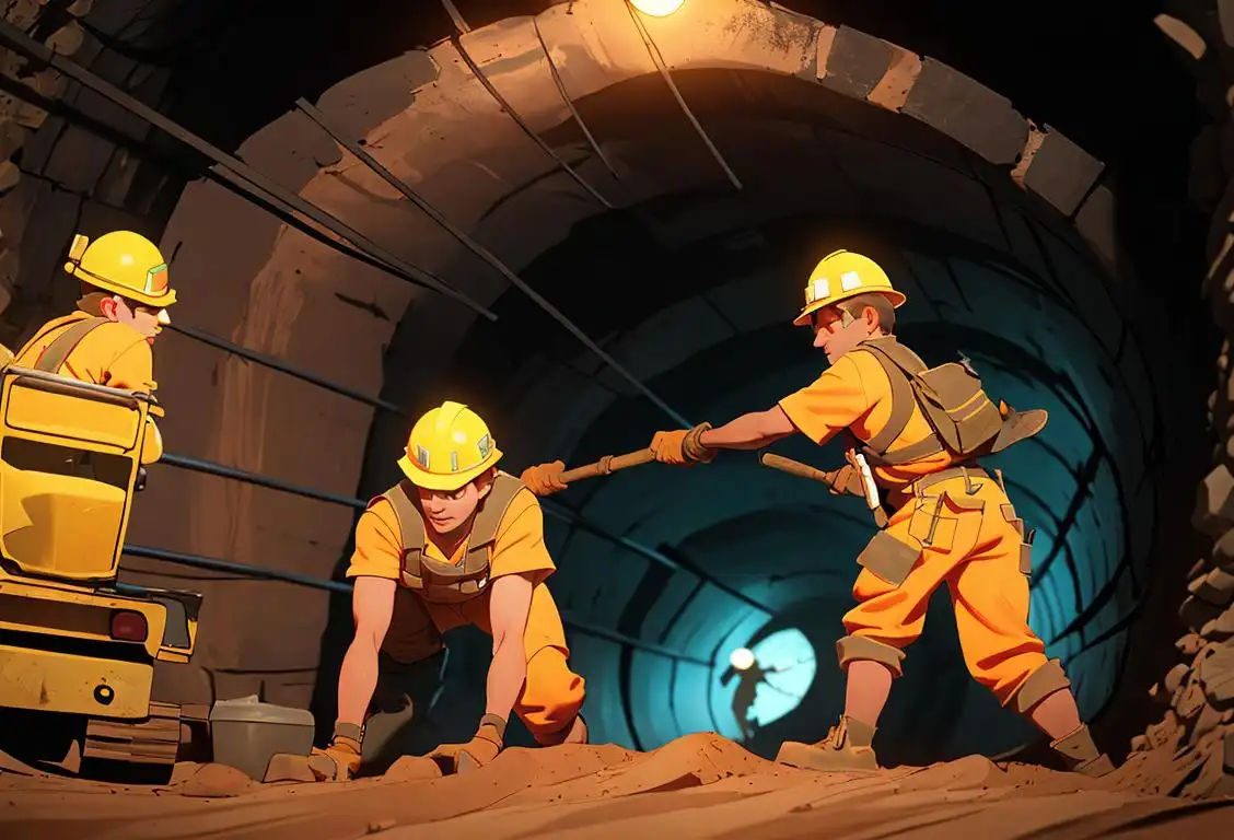 Two workers in hard hats digging deep underground, wearing fluorescent safety vests, with construction equipment. Dark tunnel setting..