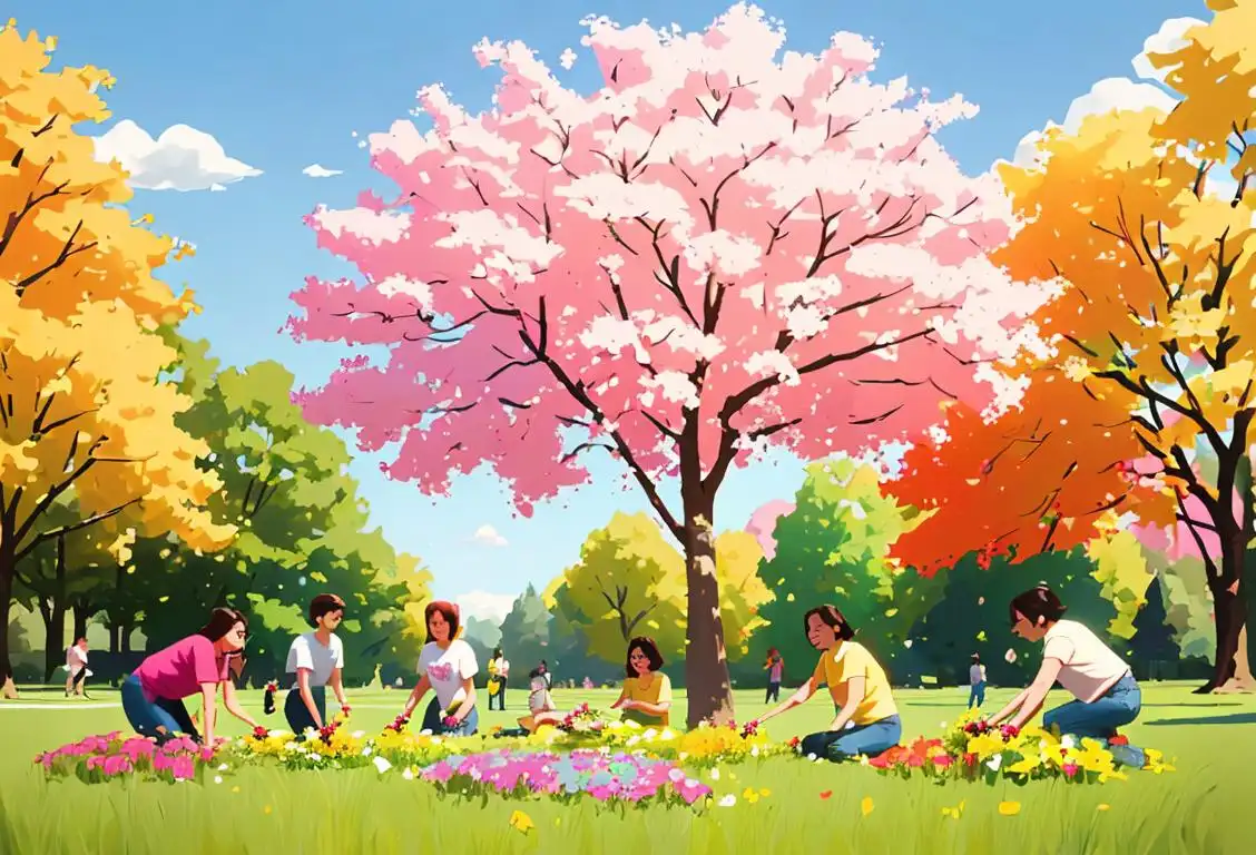 A group of diverse individuals, wearing colorful t-shirts, planting trees in a park, surrounded by beautiful flowers and a sunny sky..
