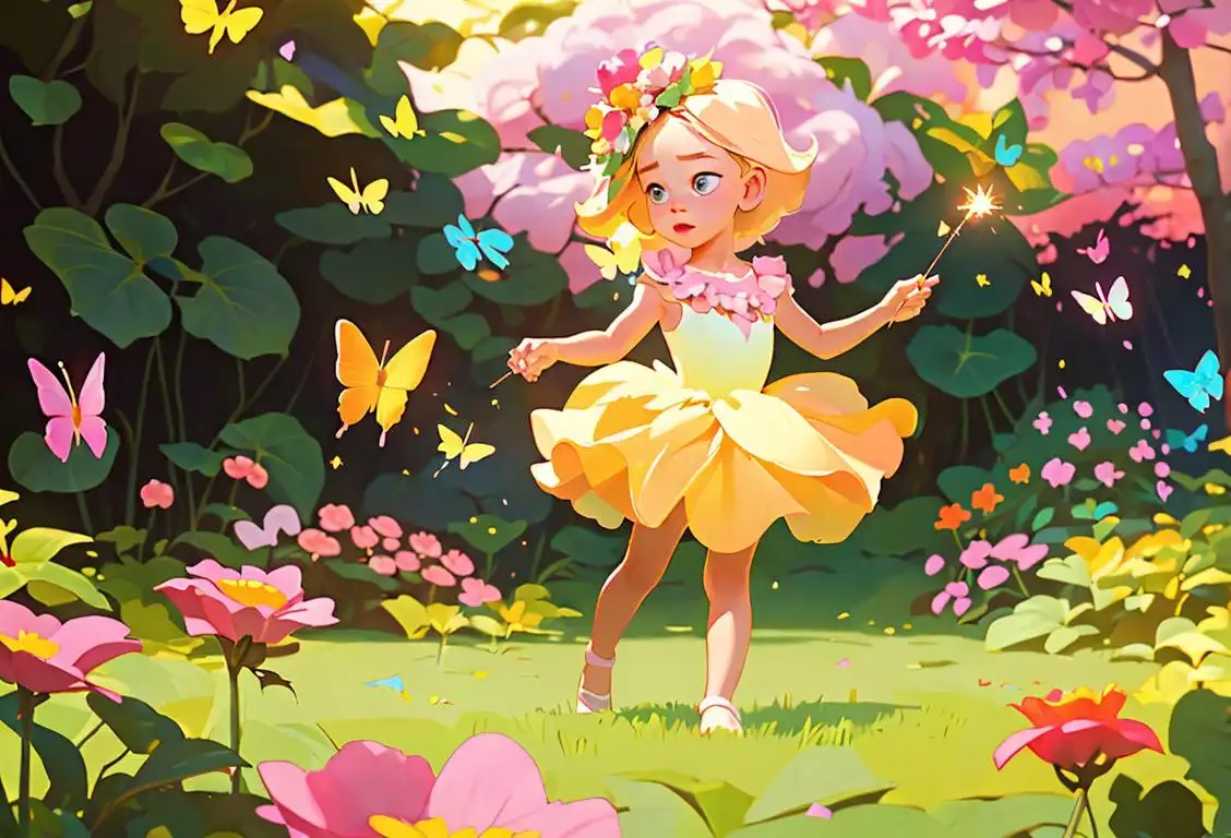 Young child holding a sparkler, wearing a colorful tutu, surrounded by a whimsical garden filled with flowers and butterflies..