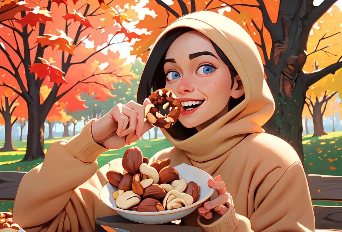 Joyful person enjoying a wholesome, nut-filled snack surrounded by nature, wearing a cozy sweater, autumn vibes..