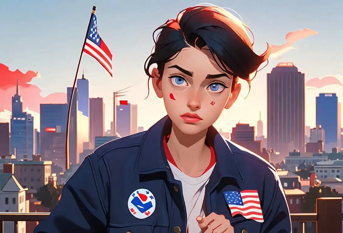 Energetic young adult wearing patriotic colors, voting sticker proudly displayed on jacket, bustling cityscape background..