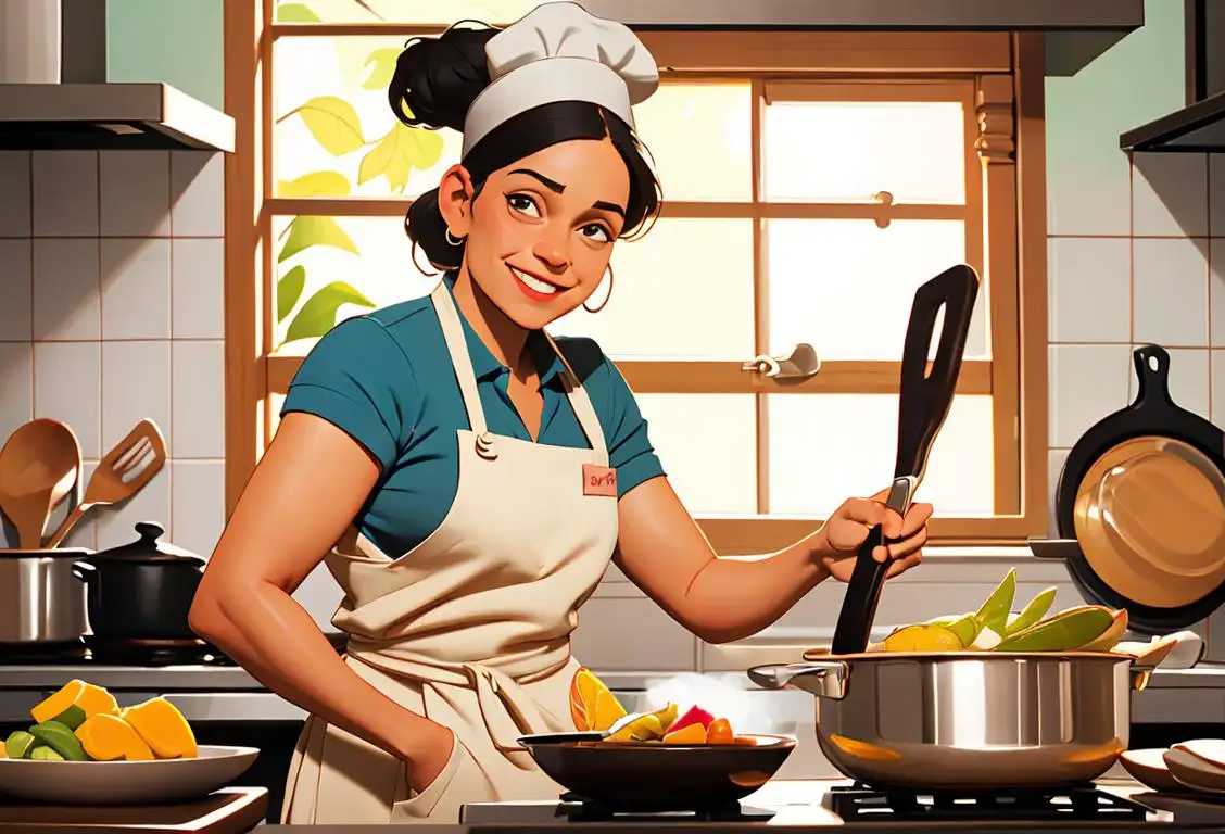 A smiling chef preparing a pot of delicious sancocho, wearing a chef hat and apron, surrounded by fresh ingredients and a cozy kitchen setting..