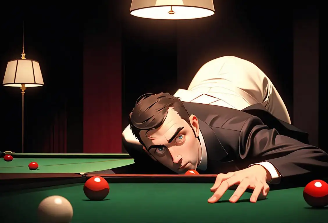 Snooker player in a stylish suit, confidently lining up a shot, amidst a backdrop of an elegant snooker hall..