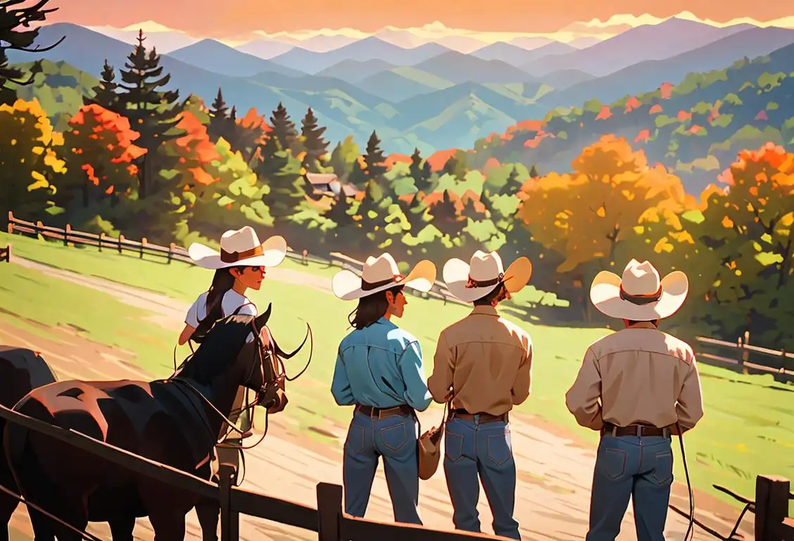 A picturesque view of the Great Smoky Mountains with a group of friendly locals wearing cowboy hats, representing the vibrant culture of Tennessee..