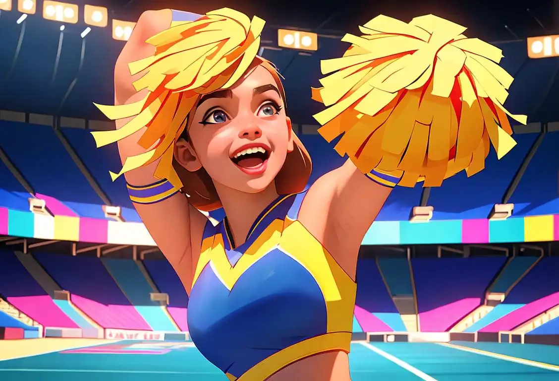 Cheerful young cheerleader performing a dynamic routine, vibrant uniform, energetic stadium atmosphere..
