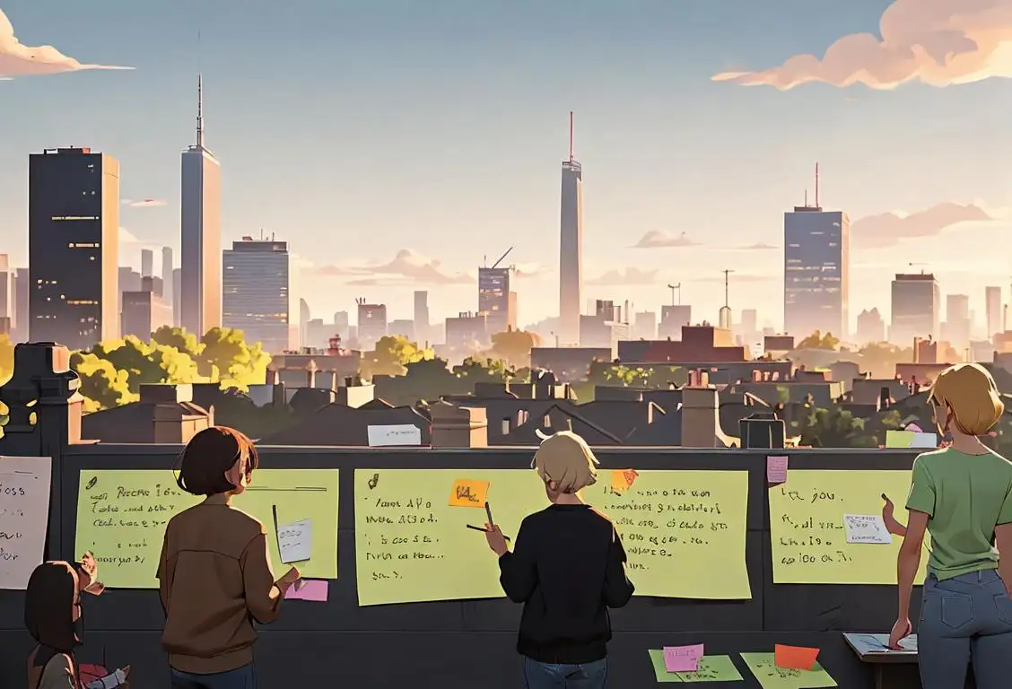 A group of diverse people writing on sticky notes, dressed in casual clothes, with a city skyline in the background..