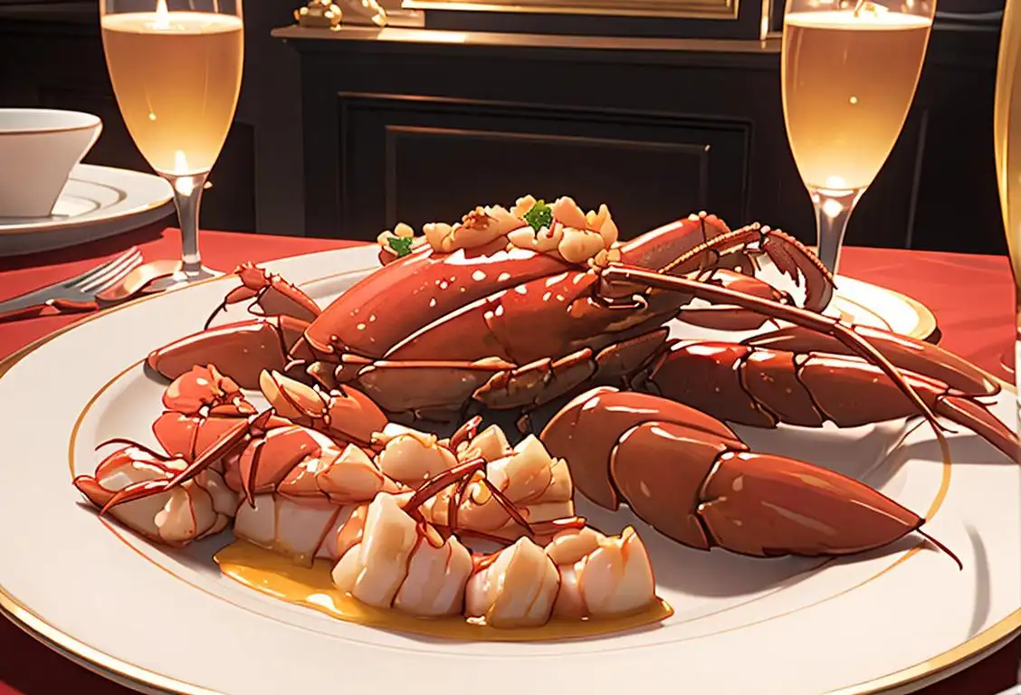 A delightful image of a beautifully plated lobster thermidor, surrounded by elegant dinnerware and a fancy dining room setting.