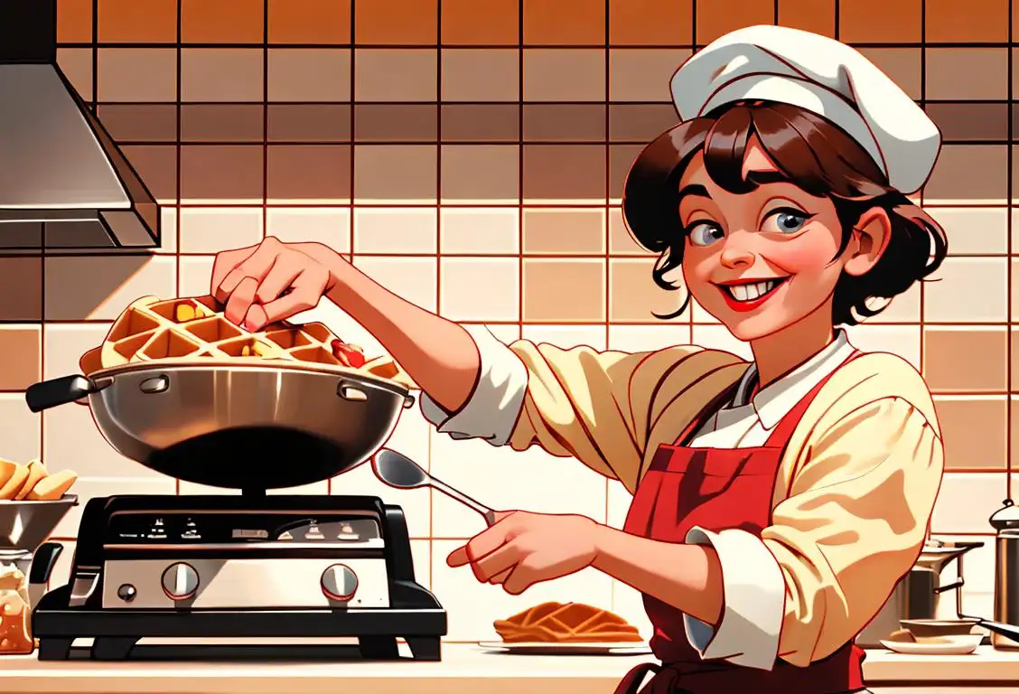 Cheerful person in a cozy kitchen, wearing a chef hat, flipping a delicious waffle using a vintage waffle iron. Warm colors, breakfast ingredients, and a smile..