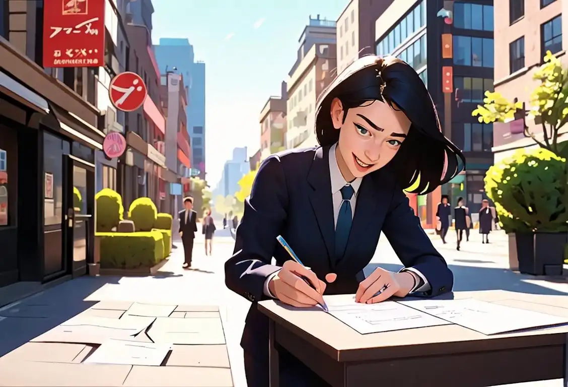 Young person excitedly signing a document outdoors, wearing a business suit, modern urban city setting..