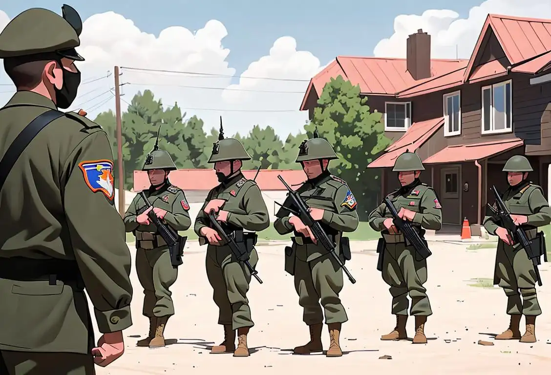 A group of National Guard troops in uniform, standing together in a community setting, ready to serve and protect..
