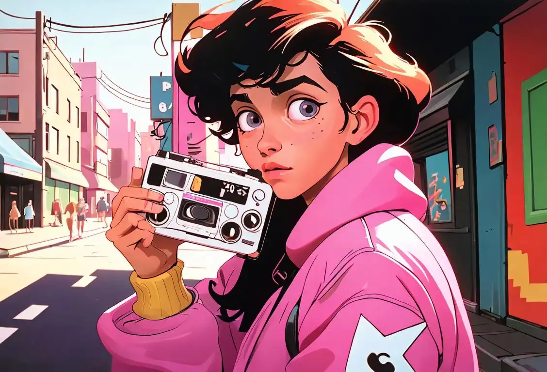 Cool youth holding a retro cassette player, wearing 80s fashion, vibrant urban street backdrop..