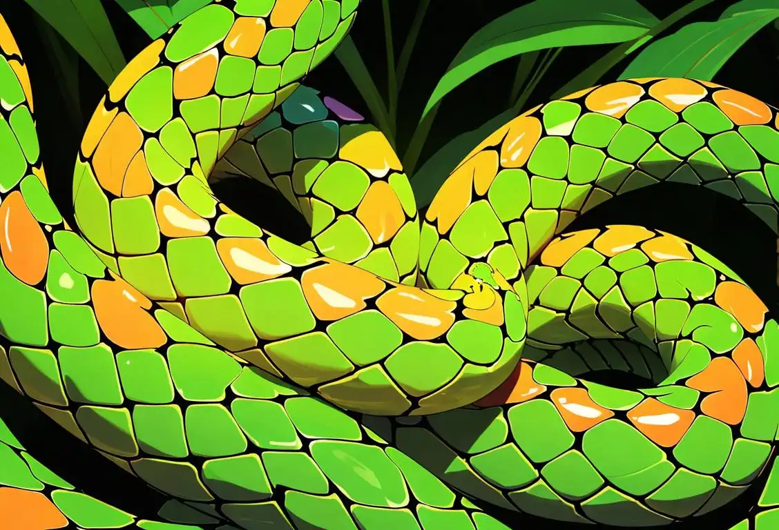 Close-up of a mesmerizing serpent slithering through a lush rainforest, with vibrant colors and a sense of mystery in the background – a captivating scene for National Serpent Day!.