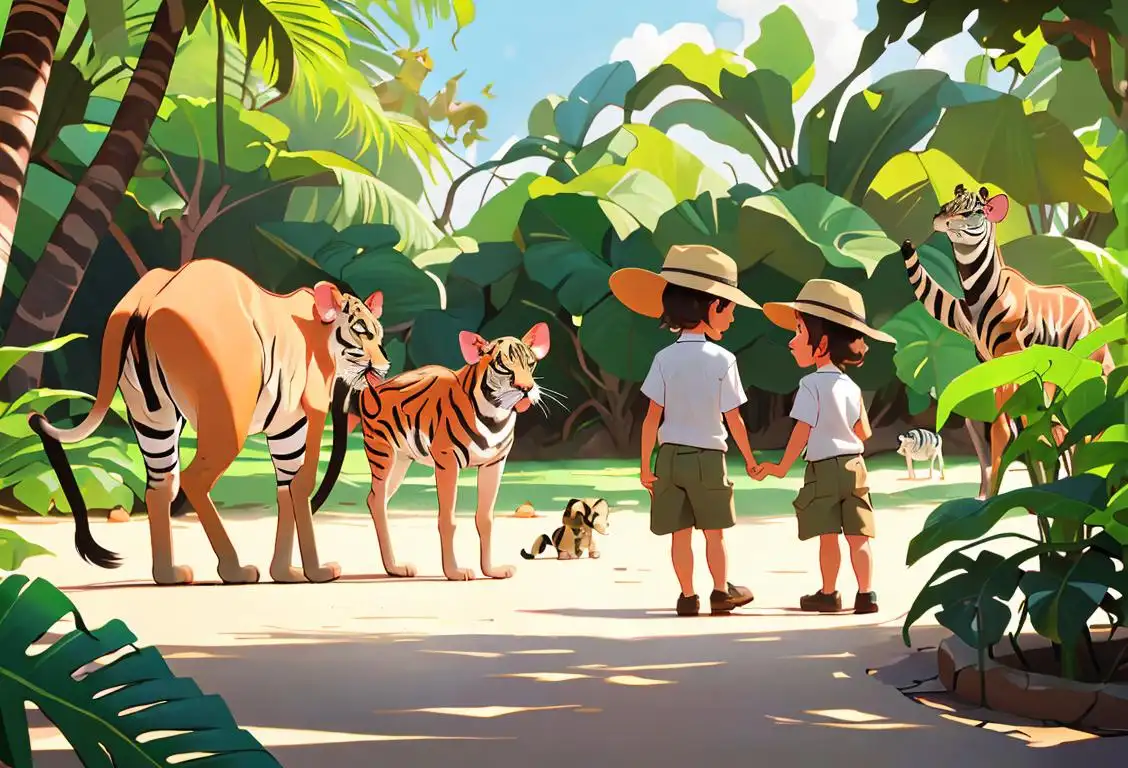 Children in safari hats observing a group of diverse animals in a lush, tropical zoo setting..