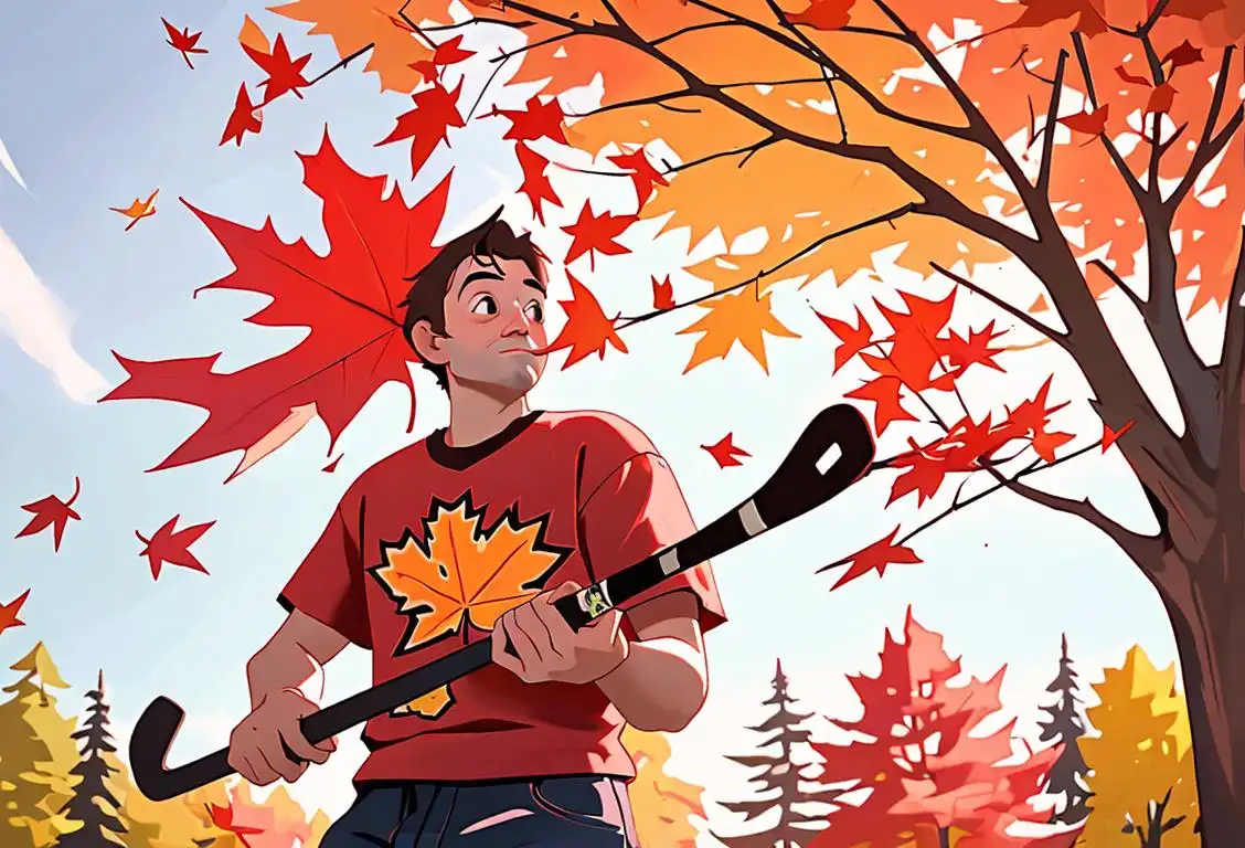 A friendly Canadian wearing a plaid shirt and holding a hockey stick, surrounded by a picturesque snowy landscape, maple leaves gently falling from the trees..