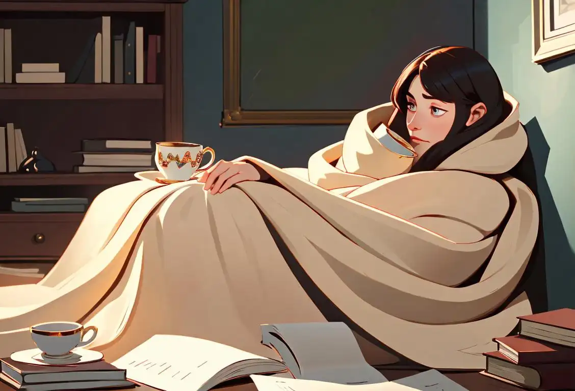 A cozy scene with a person wrapped in a blanket, surrounded by books and a cup of tea, enjoying solitude and relaxation..
