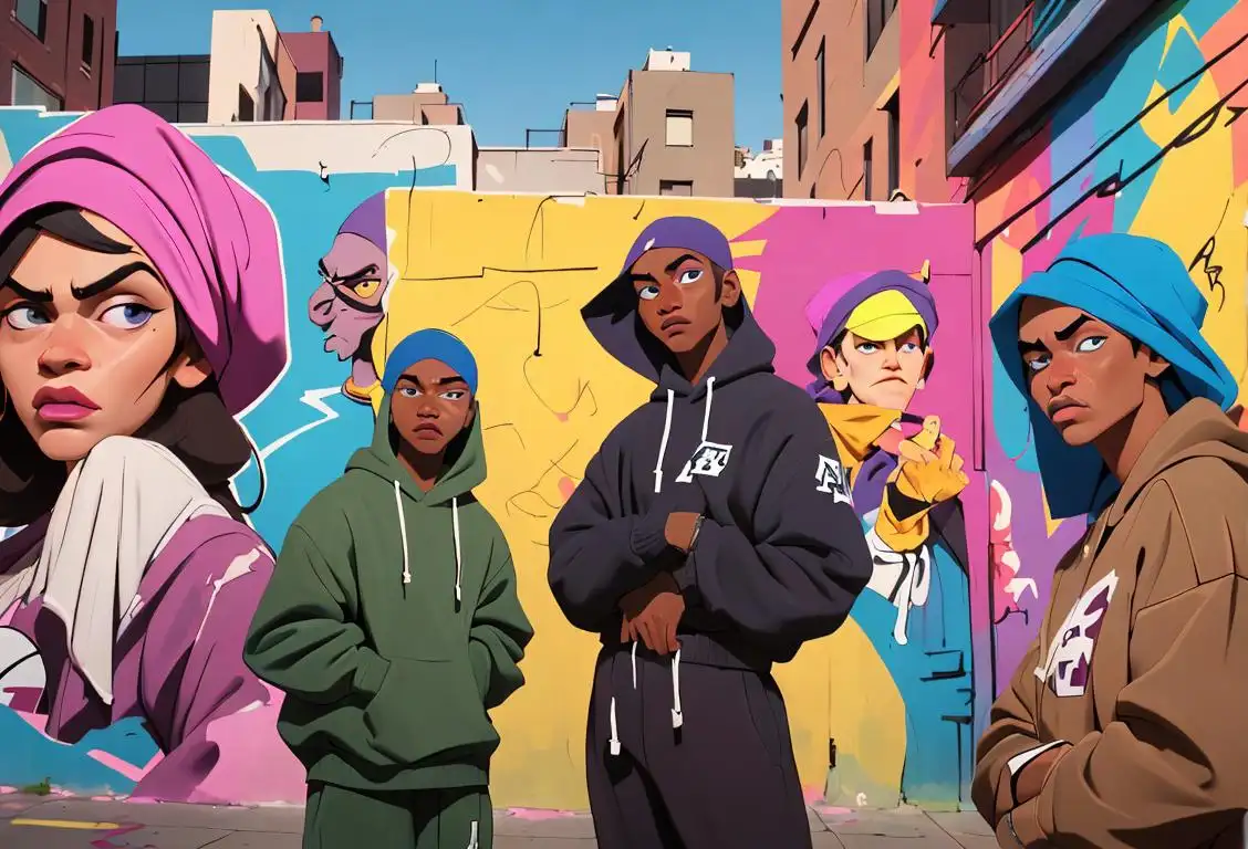 A diverse group of individuals, proudly wearing aggie durags and rocking trendy streetwear, posing in an urban cityscape with vibrant graffiti art..