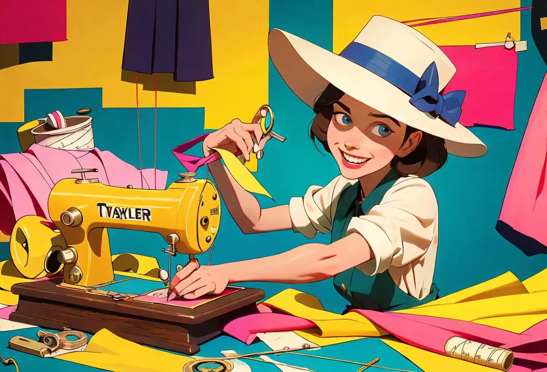 A cheerful tailor sewing a colorful fabric, wearing a vintage hat and surrounded by tape measures and spools of thread..