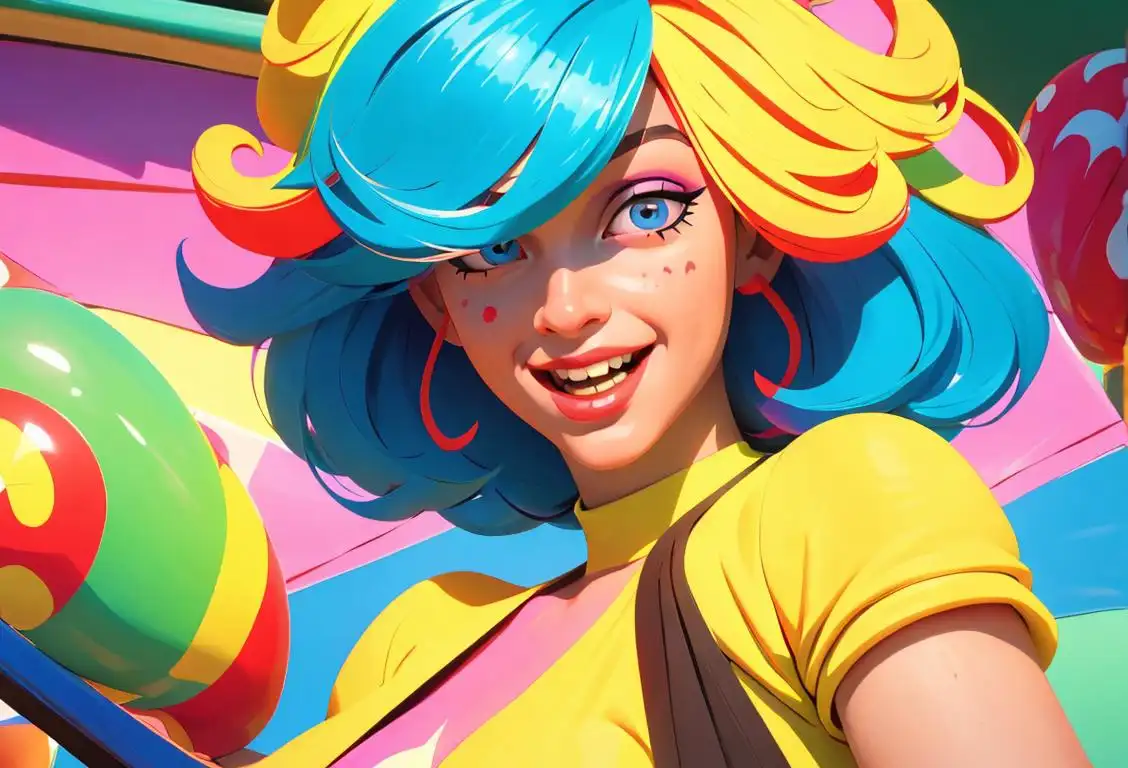Cheerful individual wearing a vibrant wig, striking a lively pose in a colorful carnival atmosphere..