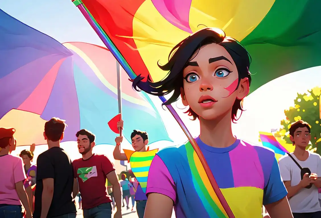 Young adult holding rainbow flag, wearing colorful shirt, urban pride parade celebration, inclusive and diverse group of people in background..