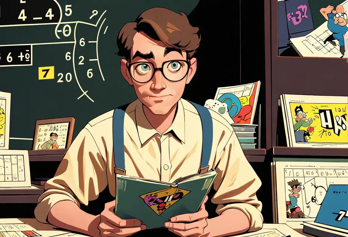 A bespectacled, suspenders-wearing individual with a shirt full of math equations, surrounded by vintage computers and stacks of comic books..