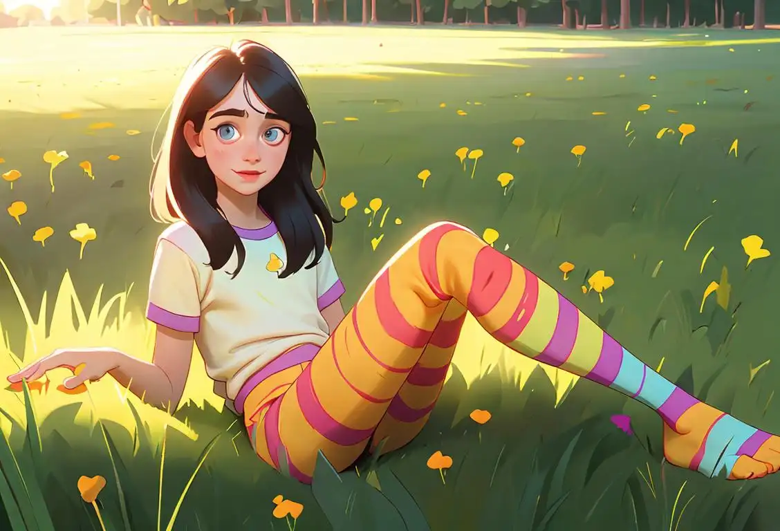 Young person wearing colorful socks, sitting on a grassy field with toes wiggling in the sunshine..