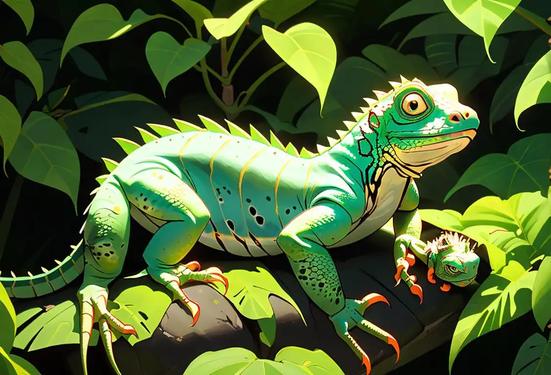 Iguana nestled in lush green foliage, with a child in a safari outfit marveling at nature's wonder..